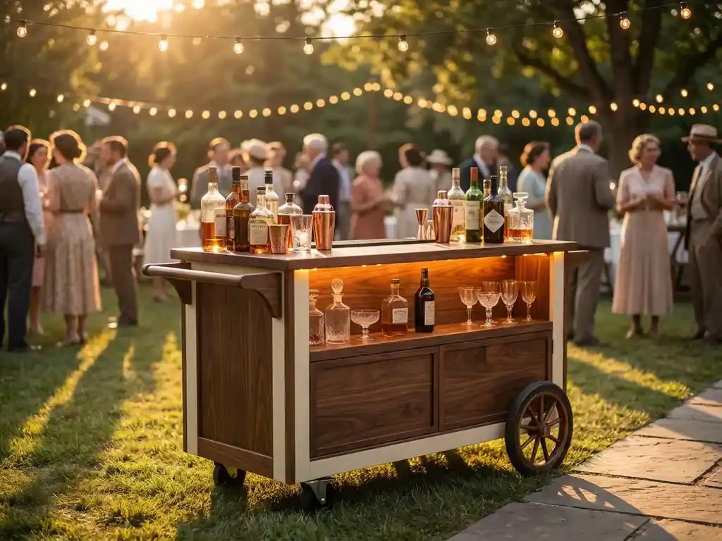 Vintage houten mobiele bar op wielen met flessen en glaswerk, opgesteld in een tuin tijdens golden hour met sfeervol prikkellicht.